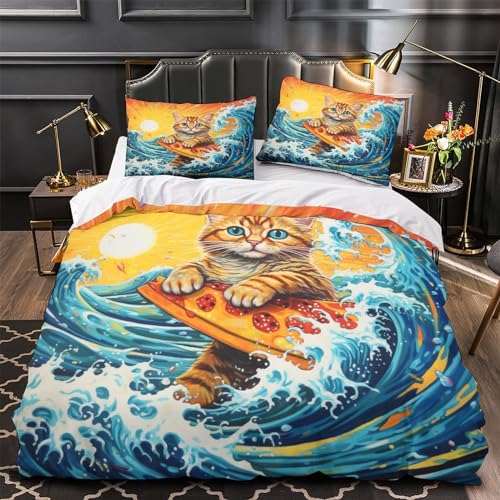 Housse de couette chat de surf à pizza imprimé 3D en microfibre douce avec taies