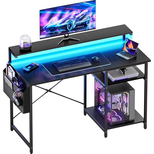 HLONONE Schreibtisch, Computertisch mit LED und Monitorständer, PC Tisch mit 2 Regale und Aufbewahrungstasche für Arbeitszimmer und Schlafzimmer, 100 x 48 x 74 cm, Stabiles Metallgestell, Schwarz