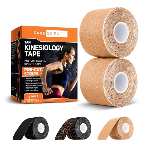 Care Science Waterproof Kinesiology Tape, Precut Water Resistant Strips, Elastic Athletic Tape for Sports & Weightlifting, Supports Muscles & Joints, Muscle Strain Relief, Tan, 2 Rolls, 40 Count