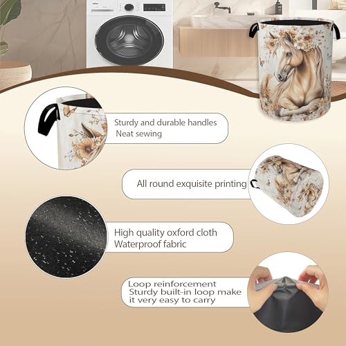 Image of Horse Laundry Basket,Gold Flower Butterfly Clothes Hamper,Oxford Cloth Collapsible Nursery Hamper Storage Organization for Bedroom,Bathroom,Office,College Dorms,16x20 Inch
