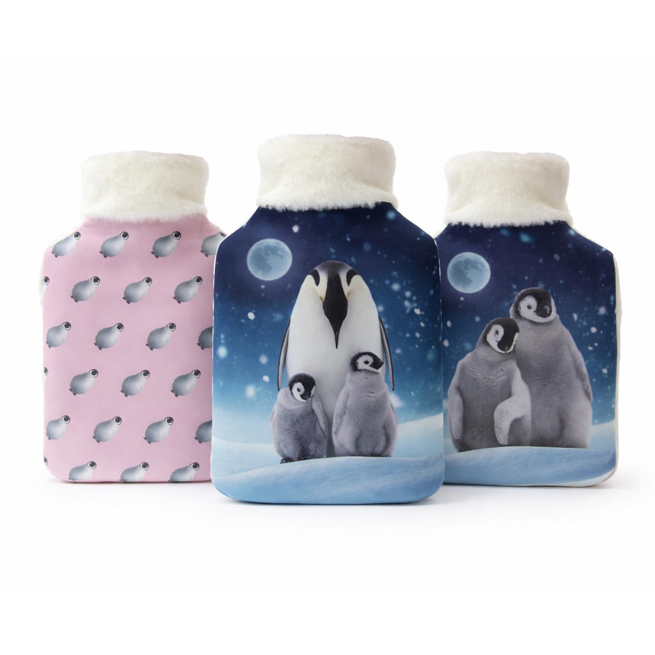 Cassandra Penguin Design Hot Water Bottle with Cover – Soft Fleece Winter Scene Print, Natural Rubber Bottle Included (Designs May Vary)