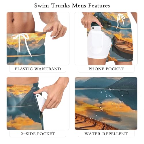 Landscape Boat Sunset Lake Mens Swim Trunks with Liner, Cool Quick Dry Beach Swim Shorts, Swimwear Bathing Suits S3