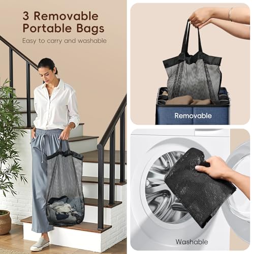Image of 185L Laundry Hamper 3 Section, Laundry Hamper with Lid, Dirty Clothes Hamper with 3 Removable Washing Bags, Extra Large Laundry Basket Organizer for Bedroom, Laundry Room, Dorm - Navy Blue