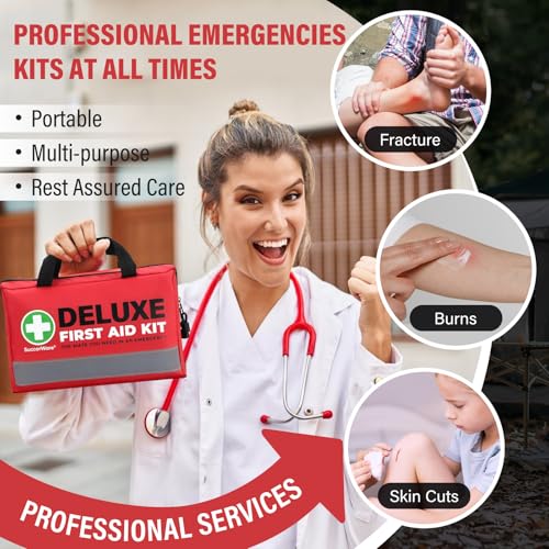 380 Pieces Deluxe First Aid Kit Compact Trauma Medical Kits with Assorted Bandages, Instant Cold Pack, Emergency Blanket for Home, Travel, Camping, Vehicle, Emergency Kits(Red) - Image 3