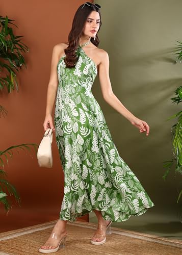 Image of Yash Gallery Women's Microfiber Halter-Neck Maxi Dress | Green Leaf Print | Tie-Up Neck, Elasticated Waist, Sleeveless | Casual, Beach & Resort Wear