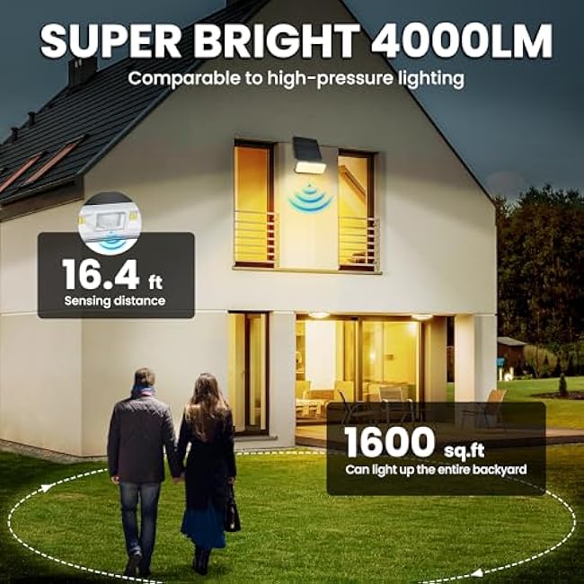 Solar Flood Lights Outdoor 4000Lm, Motion Lights Removable, IP67 Waterproof Spot Light Outside, Solar Powered Security Light for Patio Yard Fence Garage Porch Garden(4000K) 4 Pack