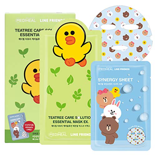 MEDIHEAL LINE FRIENDS Teatree Care Solution Essential Mask EX. (Teatree Mask 8 Sheet + 8 Synergy Sheet) - Double Calming & Pore Care with Line Friends Layered Sheet