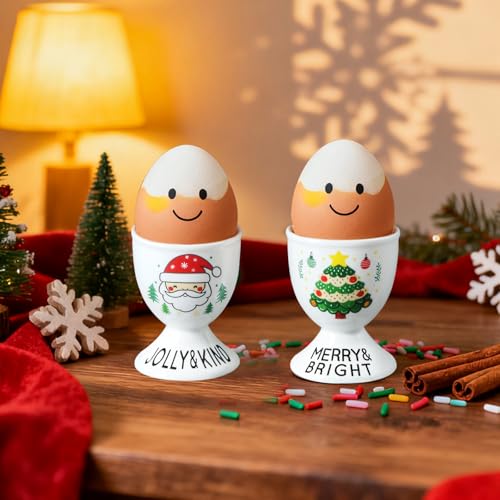 Image of Cinf Christmas Ceramic Egg Cups, Set of 2, Boiled Egg Holders for Breakfast | Set of 2 ceramic egg cups, festive Christmas design, easy to clean, ideal for boiled eggs, breakfast and table