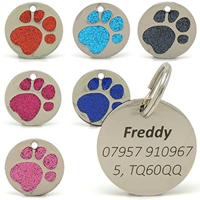 Personalised Engraved 25mm Glitter Paw Print Tag BOLD BLACK LETTERING Dog Cat Pet ID Tags (Red)