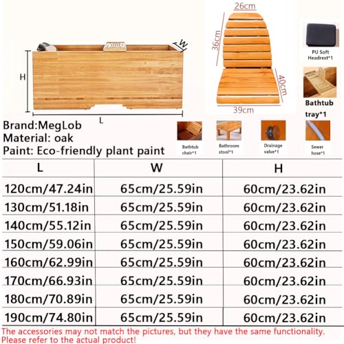 MegLob Rechteck Freistehende Hölzerne Badewanne Beleuchtete, Breite Tiefenbadewanne Für Paare, Orientalische Stil Freistehende Badewanne Mit Festem Holzschale,190cm/74.80in – Bild 8
