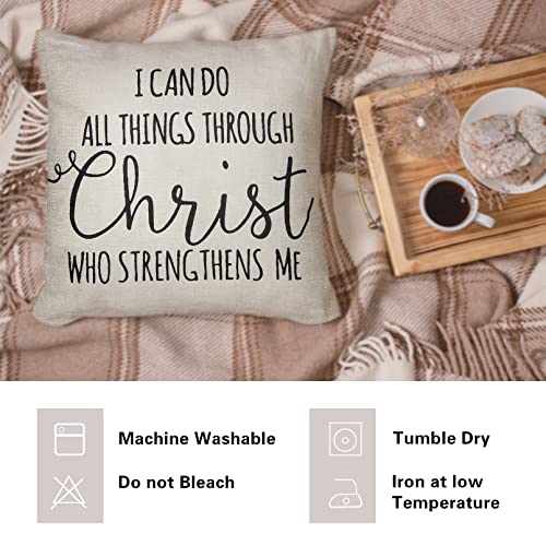 Fahrendom I Can Do All Things Though Christ Who Strengthens Me Motivational Sign Inspirational Quote Cotton Linen Home Decorative Throw Pillow Case Cushion Cover With Words For Sofa Couch 18 X 18 Inch #TOP5