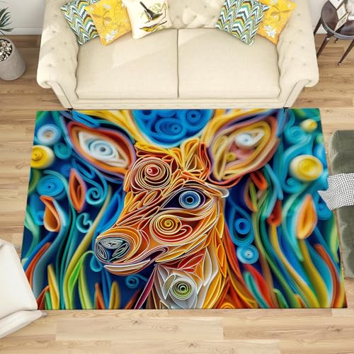 Tapis salon lavable 150x210 cm bleu marine avec motif cerf fantastique
