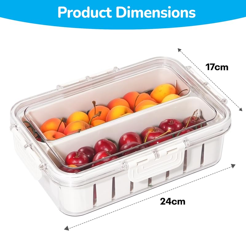 PRIME PICK Fresh Store Fridge Storage Container Airtight Food Drain Box with Removable Drain Plate Vegetable Fruit Crisper Divider Freezer Storage Organizer White