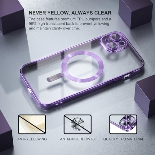Image of Misea Magnetic for iPhone 15 Plus Case Compatible with MagSafe | [Never Yellowing] [Military Drop Protection] Full Camera Lens Protector Plating Soft Clear Phone Case for Women, Deep Purple