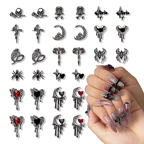 Eseres 30pcs Halloween Nail Charms - 3D Goth Punk Nail Art Charms with Black Red Rhinestones