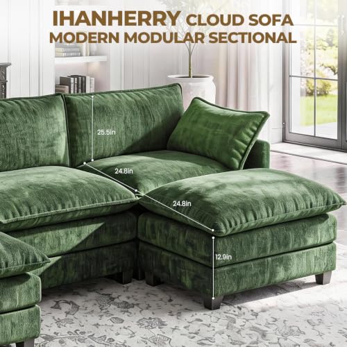 Image of 146 inch U-Shape Modular Sofa with 2 Ottomans, Deep Seat Cloud Convertible Sleeper, 2 Arm Pillows, Comfortable Large Upholstered Furniture for Living Room Apartment, Green
