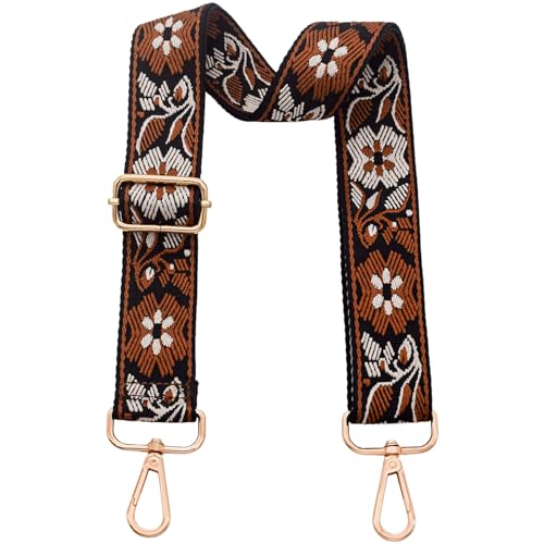 Image of Replacement Purse Strap Shoulder Strap Adjustable Crossbody Strap for Women Crossbody Wide Shoulder Bag, Brown Floral-gold Metal, 28 inch~50 inch