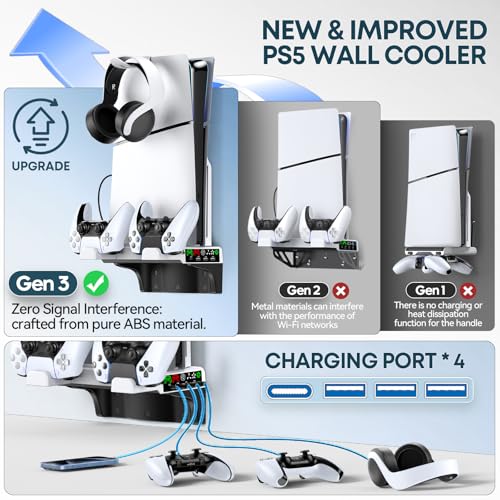 Image of PS5 /Slim /Pro Wall Mount Kit with Cooling Fan & Charging Station, PS5 Shelf Floating Mount for All PlayStation 5 /Slim /Pro Disc & Digital Console, PS 5 Wall Bracket Behind TV, PS Five Pro Accessories