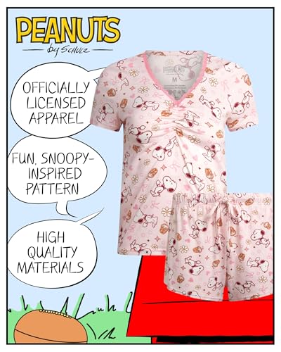 Image of COCO BRANDS Peanuts Snoopy Strawberry Shortcake Womens Pajama Sets - 2 Piece Short Sleeve Sleep Shirt and Pajama Shorts
