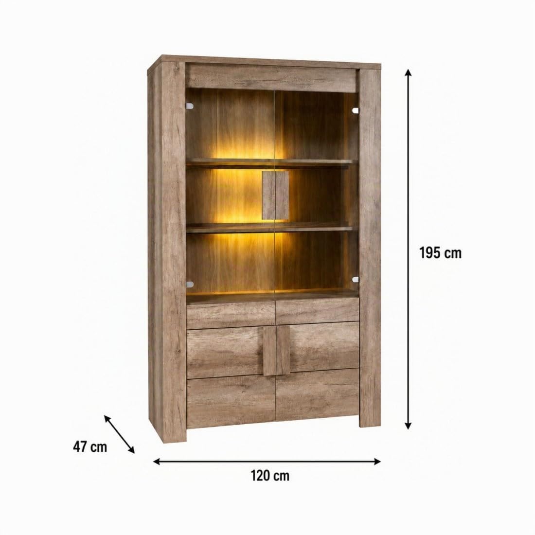 Vitrine FARRA – 4 portes avec LED – Chêne dab canyon – 120 x 195 x 47 cm