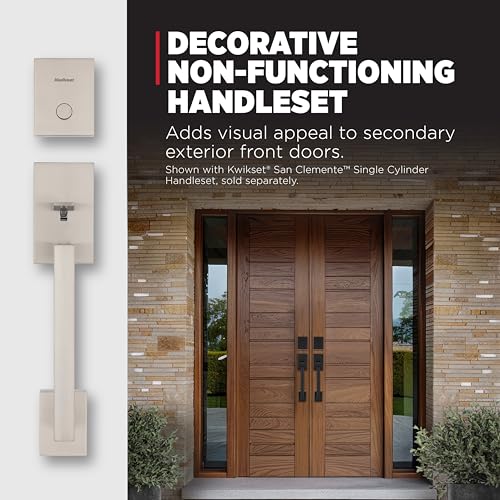 Image of Kwikset San Clemente Non-Functioning Front Door Lock Handle, Inactive Deadbolt and Interior Door Handle, Dummy Handleset Exterior with Interior Reversible Lever, Satin Nickel with Microban Protection