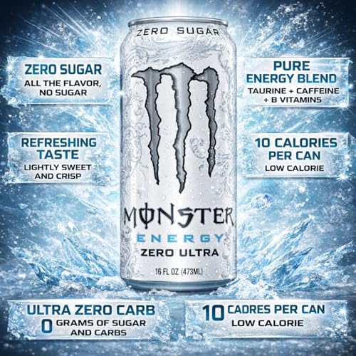 Image of Monster Energy Zero Ultra White Drink (Pack of 12) 500ml By COUGAR | Zero Sugar Refreshing Energy Beverage | Light Flavor with Smooth Taste | Carbonated Energy Drink for Focus & Performance | Ready to Drink Can for Daily Boost - (Imported-USA)