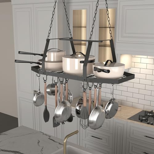 TICKCACY Hexagon Ceiling Pot Rack Hanging, 34\" Pan Rack Hanging with 15 Hooks, Metal Hanging Pots and Pans Ceiling Mount Organizer Rack, Pot and Pan Hangers for Kitchen Cookware Utensils