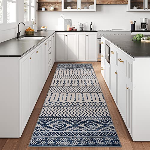 Art&Tuft Runner Rug 2'6X8', Super Soft Ultra-Thin Moroccan Washable Rug, Anti-Slip Backing Kitchen Rugs, Foldable Geometric Machine Washable Hallway Rug(2'6"X8', Blue) #TOP3