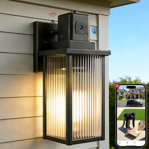 Porch Light with Security Camera Dusk to Dawn Outdoor Lighting AI Human Detection Dual-Band WiFi 2-Way Audio Night Vision Textured Glass Weatherproof Metal for Front Door Garage