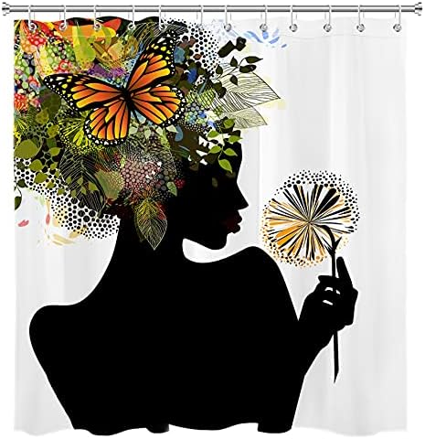 LB African American Black Girl Shower Curtains Futuristic Design Nature Woman with Butterfly Afro Funny Black Art Shower Curtain for Girls Bathroom Decor 72x72 Inches Polyester Fabric