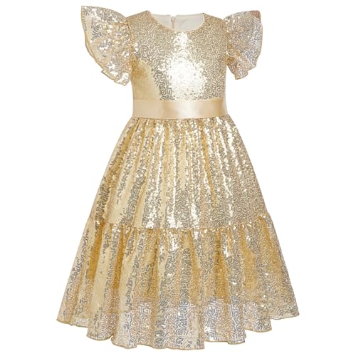 OBEEII Girls Sequin Dress Ruffle Sleeve Sparkly A-line Party Dress with Belt Princess Pageant Prom Birthday Formal Dress3