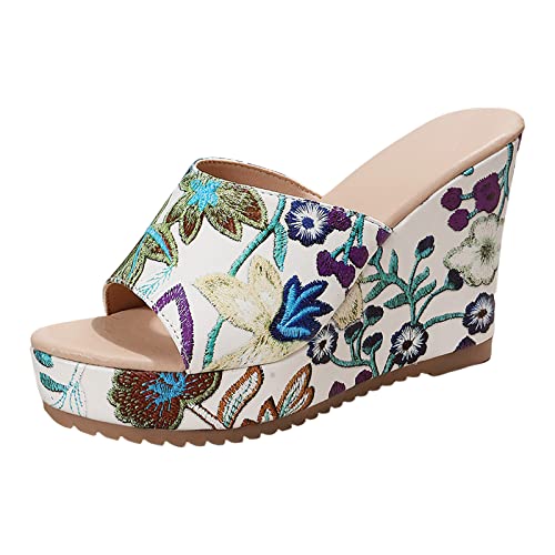 Genérico Sandalias Elegantes Mujer Zapatillas Piscina Mujeres verano bordado flores estampados Slip On Casual punta abierta cuñas cómodos zapatos de playa sandalias Sandalias Negras Mujer (White, 40)
