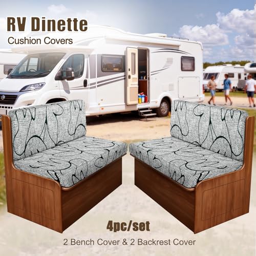 Image of SearchI RV Dinette Cushion Covers, Stretch Camper Cushion Slipcovers for Travel Trailer Couch RV Booth Seat, Replacement Camper Sofa Chair Protector (2 Backrest Cover & 2 Bench Cover, Grey Lotus)