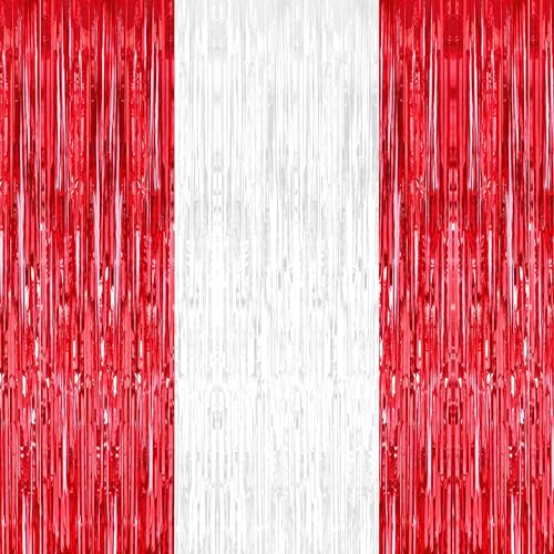 Image of KatchOn, Red and White Streamers - 3.2x8 Ft, Pack of 3 | Red and White Fringe Backdrop for Red Party Decorations | Fringe Backdrop for Proposal, Wedding Decorations | Engagement Party Decor