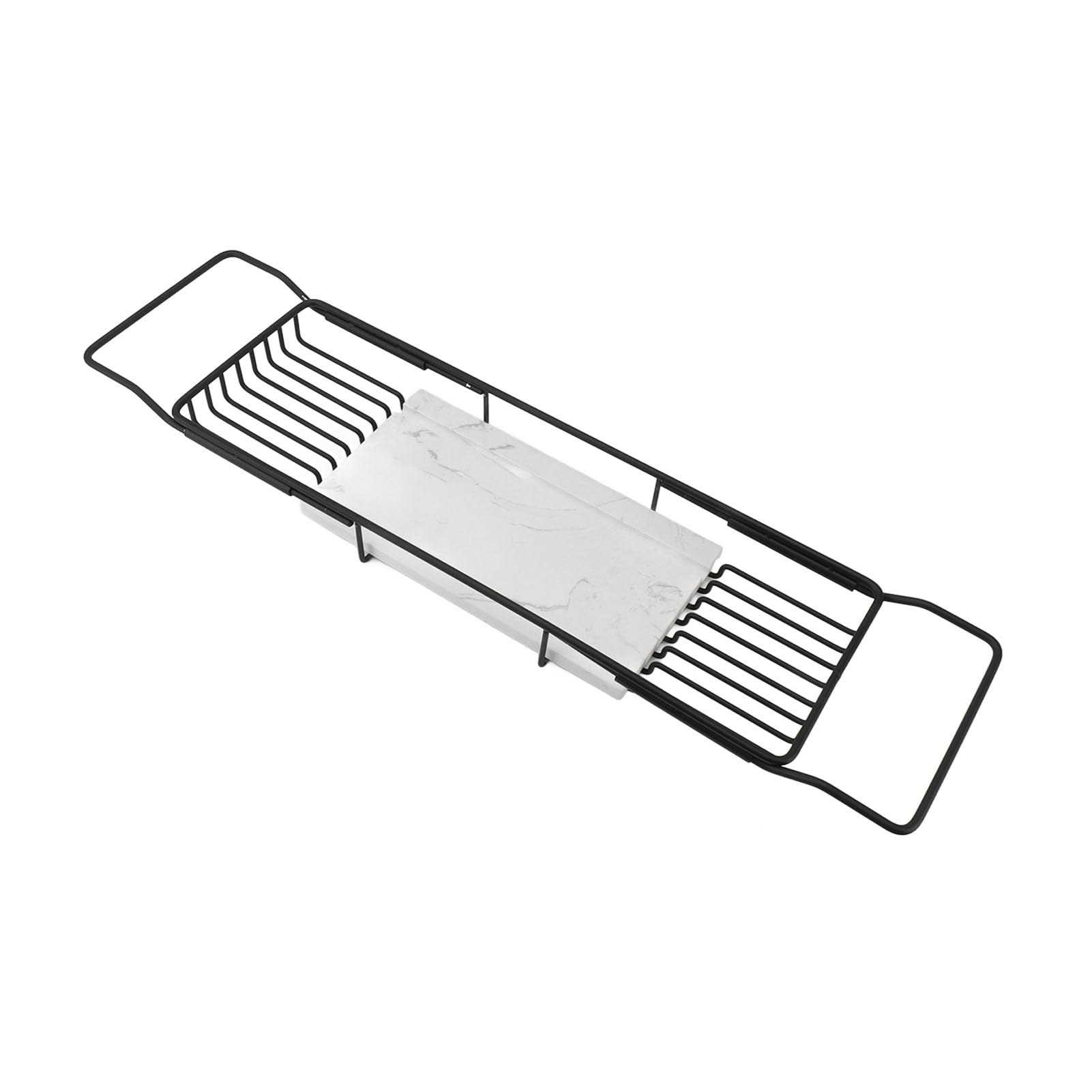 Aoresac Estante de baño de metal de mármol, bandeja de baño ajustable y antideslizante para la mayoría de las tinas (negro y blanco)
