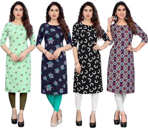 Image of JAKHANA Women's Crepe Printed Casual Straight Calf Length Round Nick Kurta Pack of 4