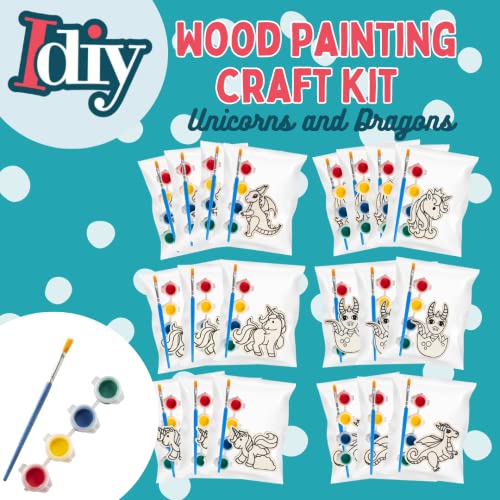 Image of Kids Wood Painting Craft Kit 20 Pack - Summer Arts & Crafts Gifts for Kids - Unicorns & Dragons Painting Set w /Brush & Paint - Great for Classrooms, Birthday Party Favors, Goodie Bags
