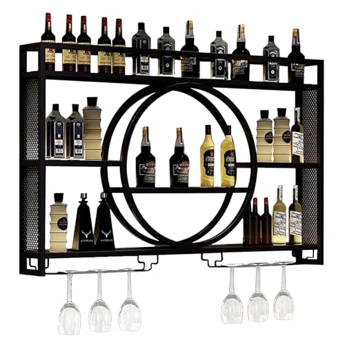 YUZINO Wine Rack Wall Mounted, 120cm Wall Wine Rack With Wine Glass Holder, 3-Tiers Iron Bar Shelves Cabinet, Wine Racks For Home Cupboard, Restaurant, Bar Display Liquor Bottles
