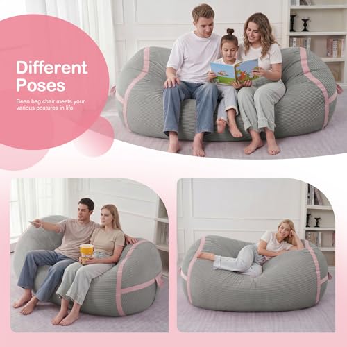 Image of 6FT Bean Bag Chair 6'Giant Bean Bag Chairs with Adults, Large Beanbag Chair | Bean bag Lounger with Machine Washable Cover Corduroy Fabric, Comfy Chairs for Living Room Bedroom Dorm, Lightgrey with Pink