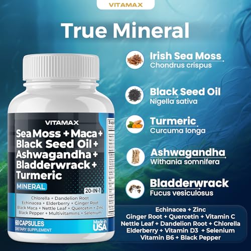 Sea Moss, Maca, Black Seed Oil, Ashwagandha, Bladderwrack, Turmeric - Elderberry, Vitamins C & D3, Dandelion & Black Pepper - Made in USA- 120ct - Image 6
