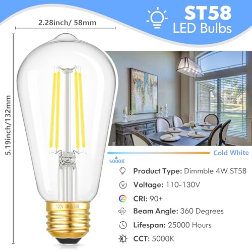 Image of Dimmable ST58 Antique Clear Vintage Edison LED Light Bulbs, 5000K Daylight, E26 Medium Base, 4W (40W Equivalent), CRI90+ High Brightness for Home - Pack of 4