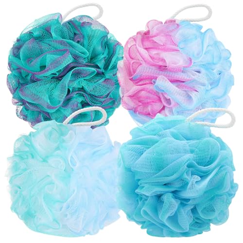 Paquete de 4 esponjas de ducha de lufa grandes de 100 g/pieza, esponjas de malla para baño, exfoliantes corporales, coleteros de ducha