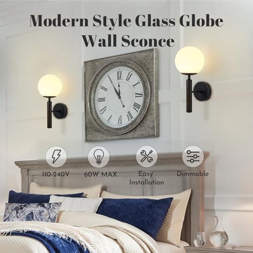 Image of KCO Lighting Black Wall Sconces Set of 2 Modern Globe Wall Sconce Milk Glass Wall Light Farmhouse Mid Century Wall Sconce Bathroom Wall Light Fixture Over Mirror