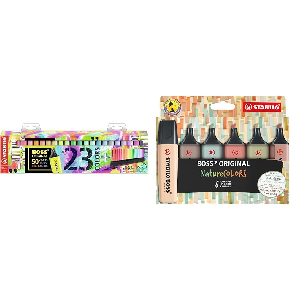 STABILO Surligneurs BOSS ORIGINAL - Set de bureau de 23 Surligneur Fluo et Pastel assortis & Surligneur BOSS ORIGINAL NatureCOLORS - Etui carton x 6 surligneurs couleurs nature