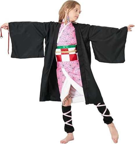 PTXZEQ Tanjiro Costume Kamado Demon Coslpay Outfit for Halloween Kids Audlt (pink, kids 150)