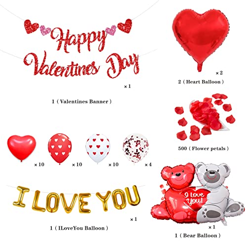Valentine Day Balloons Decoration Set I Love You Balloons Valentine Day Banner Rose Petals, Red Heart Balloons For Valentine's Day Propose, Marriage Engagement, Romantic Party #TOP1