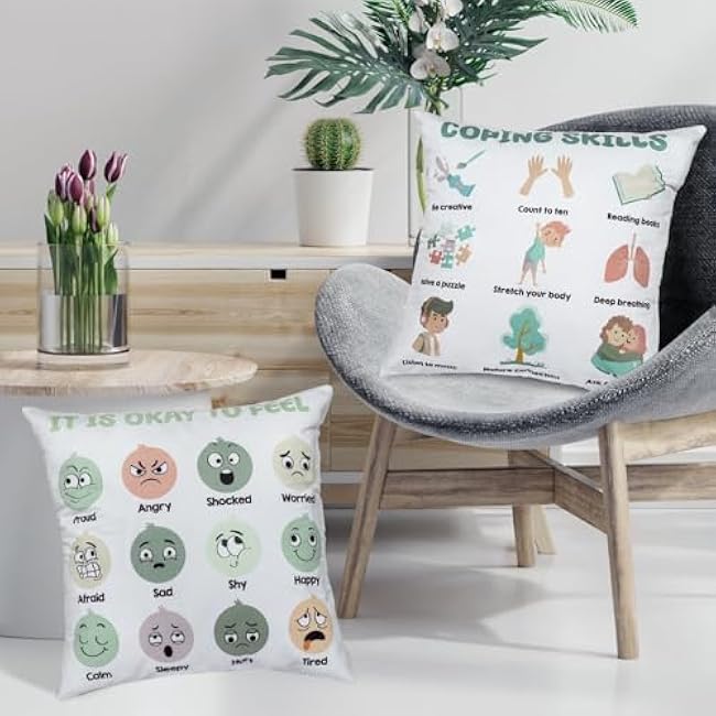 2Pcs Feelings Pillow Covers 18in Classroom Must Haves Calming Corner Item Mental Health Throw Pillowcase Kids Home Preschool Decorations Counselor Office Sensory Reading Room Calm Down Corner Supplies