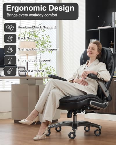 Big and Tall Office Chair, 600lbs Heavy Duty Desk Chair with 5D Arms and Adjustable Lumbar Support, PU Leather High Back Ergonomic Executive Home Office Computer Chair with 3'' Silent Casters