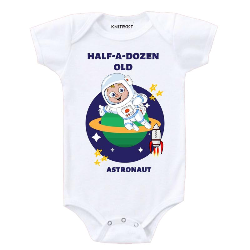 Image of KNITROOT Half Birthday Special Newborn Baby White Color Half Sleeve Unisex 100% Cotton Romper, Sleepsuit, Body Suit, Envelope Neck, Half-A-Dozen Old Astronaut Print, 0-12 Months for Boys & Girls