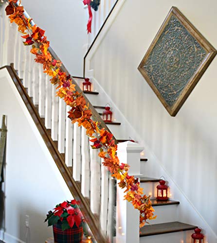 DearHouse 2 Pack Fall Garland Maple Leaf, 5.9Ft/Piece Hanging Vine Garland Artificial Autumn Foliage Garland Thanksgiving Decor for Home Wedding Fireplace Party Christmas (Orange)